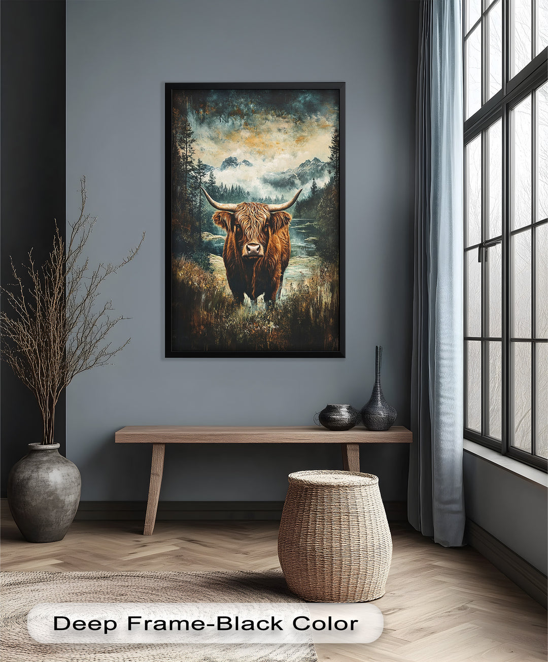Highland Cow in Misty Pines – Wilderness Oil Painting