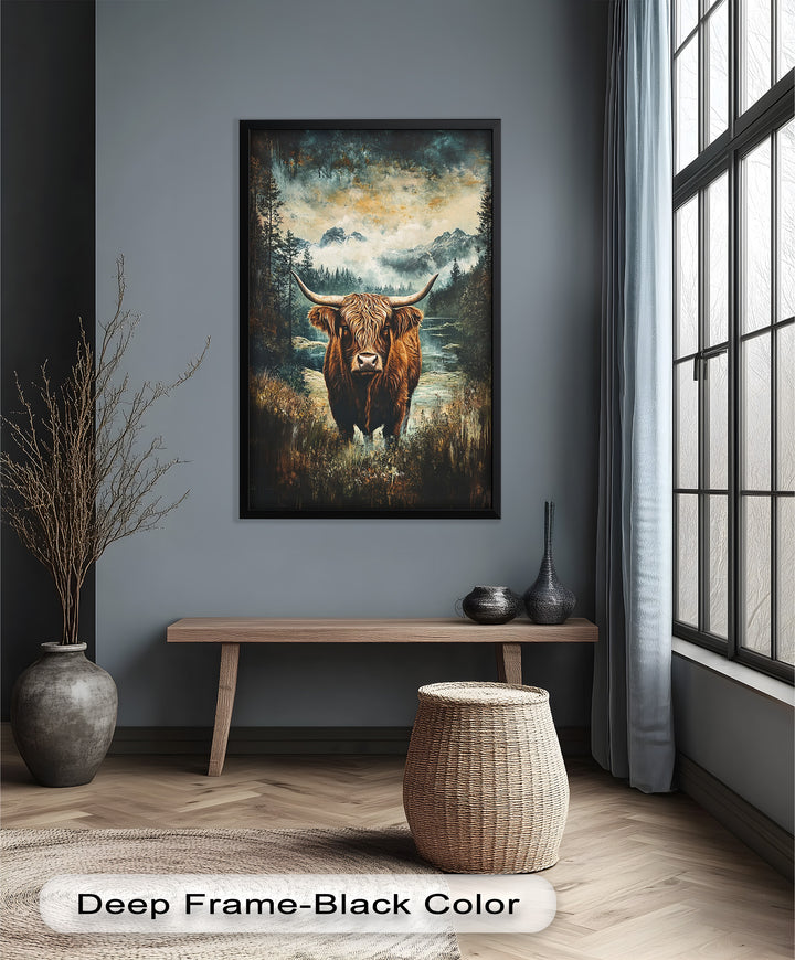 Highland Cow in Misty Pines – Wilderness Oil Painting