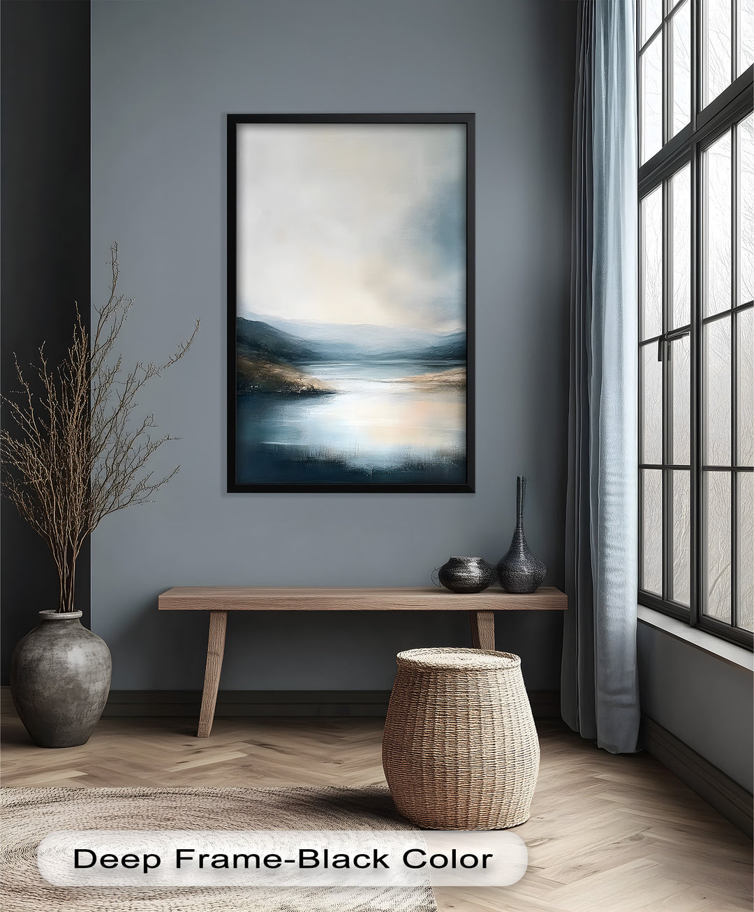 This minimalist landscape painting features a tranquil lake reflecting soft light beneath a hazy sky, surrounded by gentle, rolling hills.
