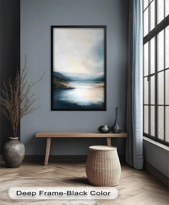 Highlighting the abstract quality, this oil painting reproduction print depicts a misty mountain lake landscape with ethereal brushstrokes creating a serene and calming effect.