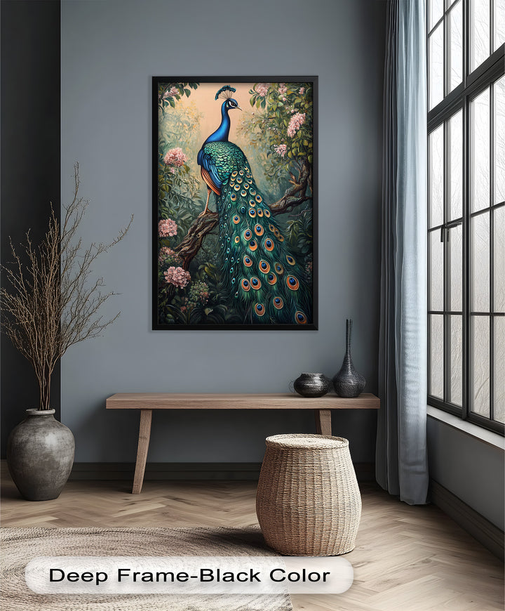 Peacock Among Blossoms – Regal Garden Beauty Animal Oil Painting