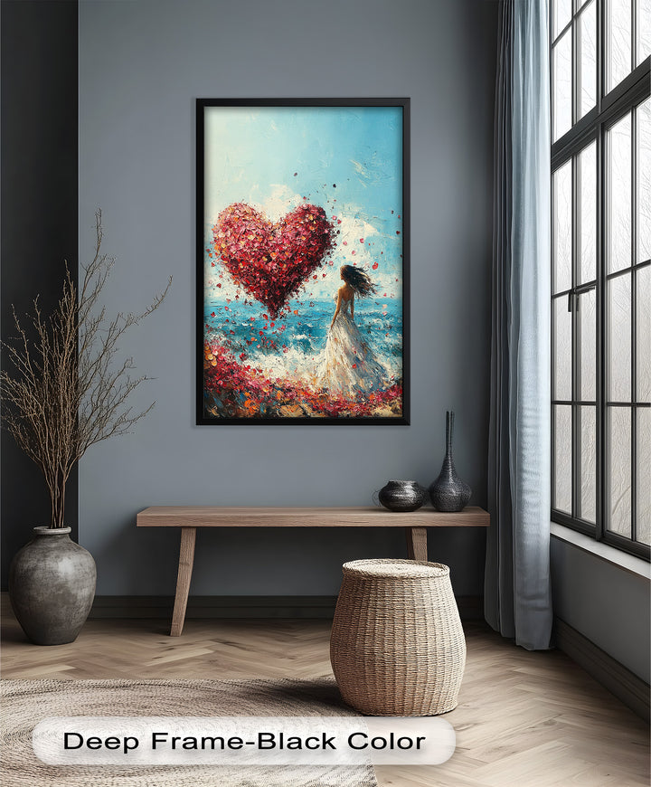 Woman with Heart-Shaped Petals Over the Sea - Love Oil Painting