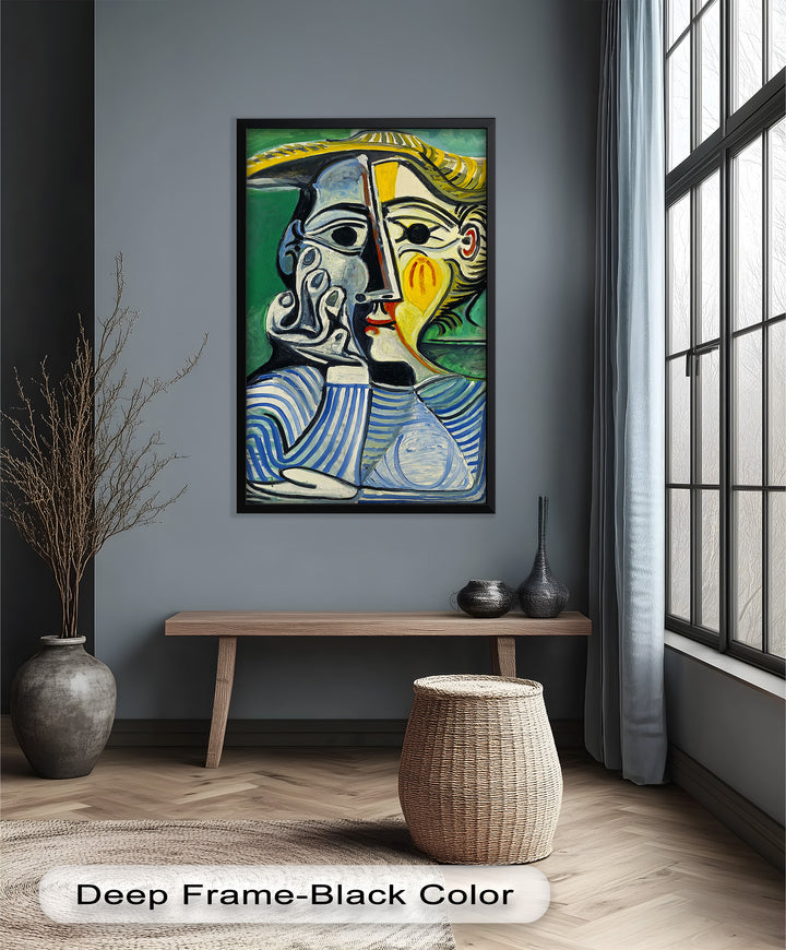 Nachdenklicher Blick – Gestreifte Frau mit Sonnenhut Picasso Ölgemälde