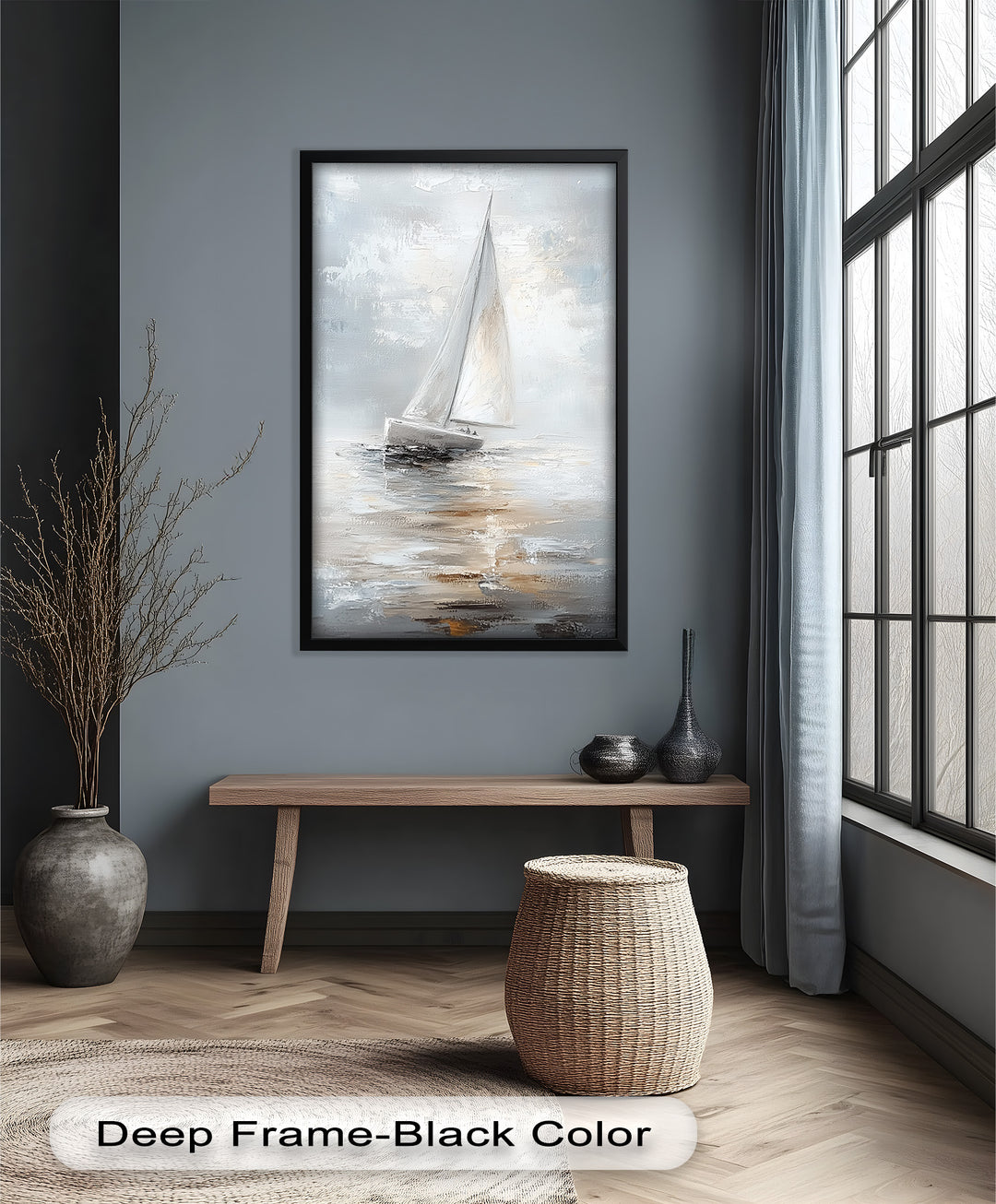 Sailing Through the Mist – White Boat Oil Painting