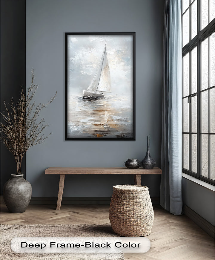 Sailing Through the Mist – White Boat Oil Painting