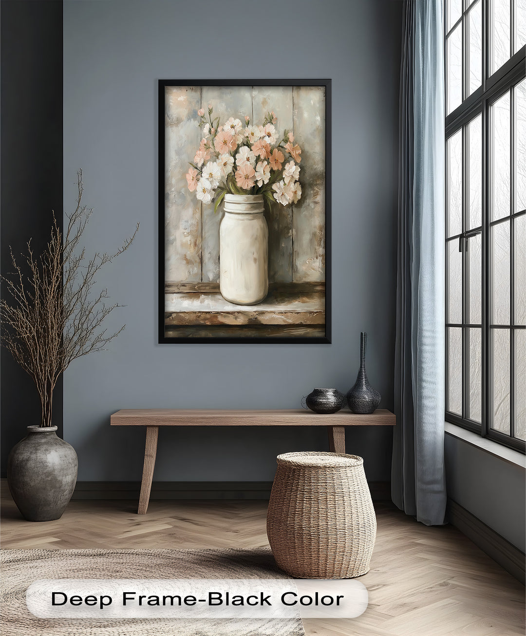 Blush & Cream Blooms – Rustic Mason Jar Flower Oil Painting