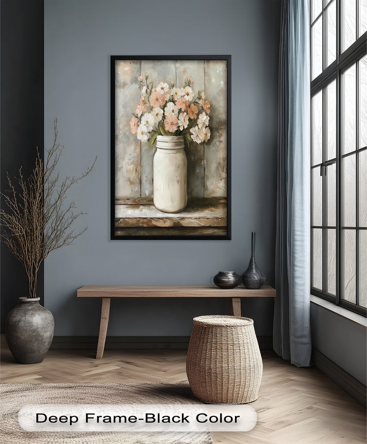 Blush & Cream Blooms – Rustic Mason Jar Flower Oil Painting