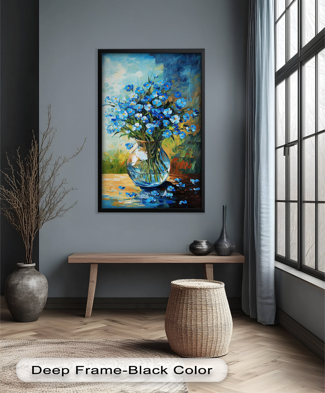 A vibrant still life painting of delicate blue flowers in a clear round vase, set against a colorful, textured background.