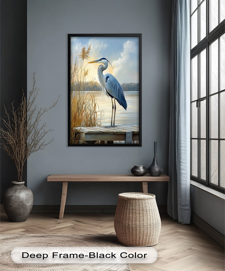 Majestic Heron in Misty Marshland - Animal Oil Painting