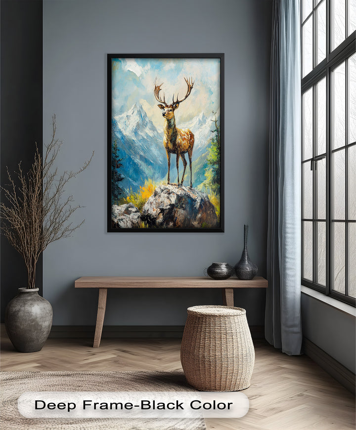 Stag in Mountain Landscape - Animal Oil Painting