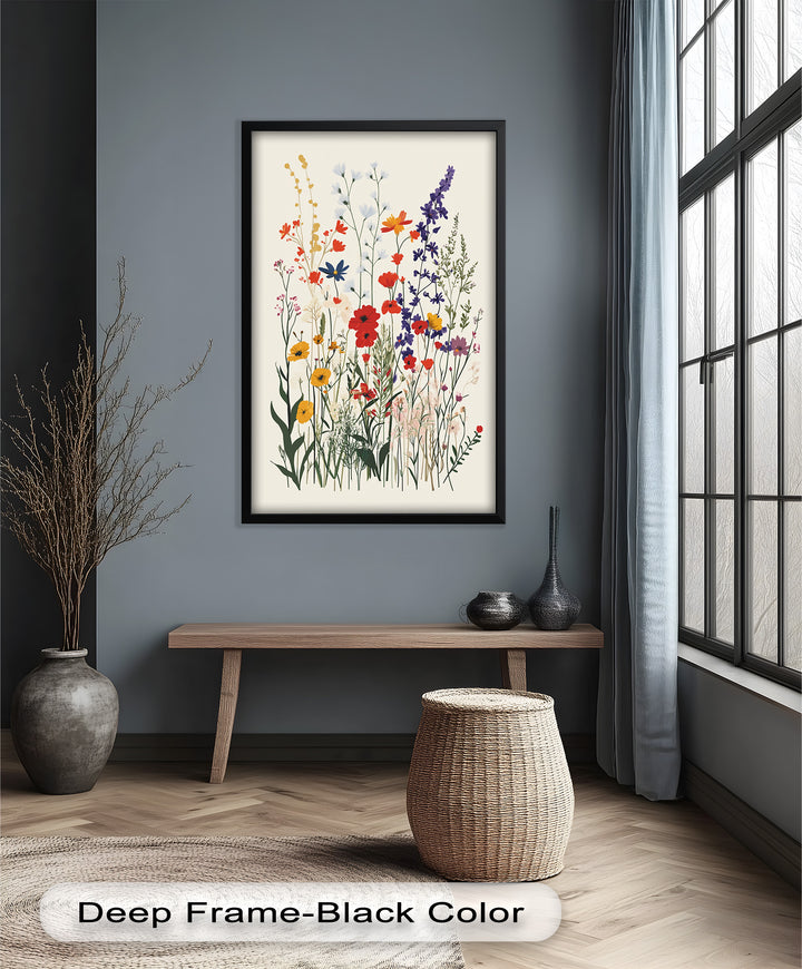 Wild Meadow Bloom – Farbenfrohes botanisches Ölgemälde im Boho-Stil