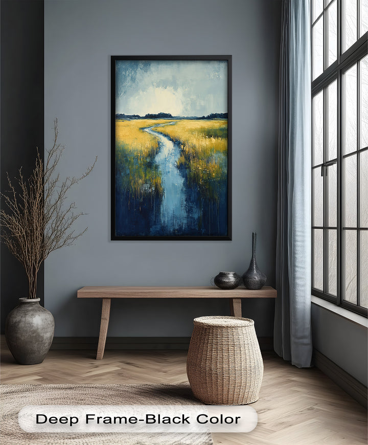 Golden Fields and Blue Stream – Contemporary Landscape Oil Painting