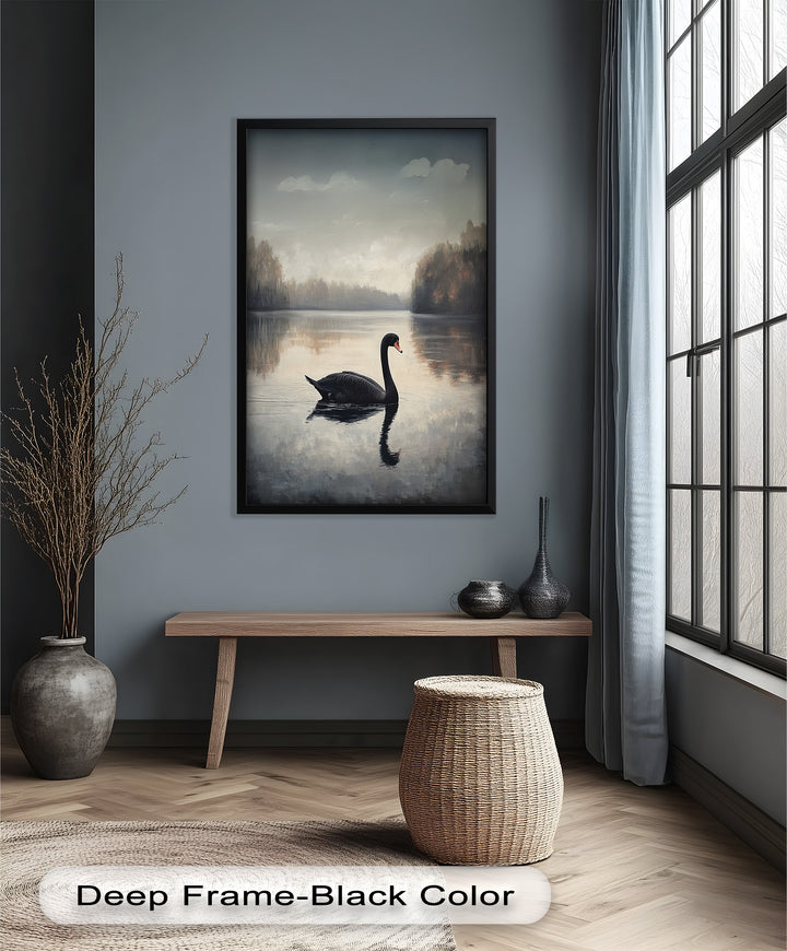 Black Swan at Dusk – Lake Scene Oil Painting
