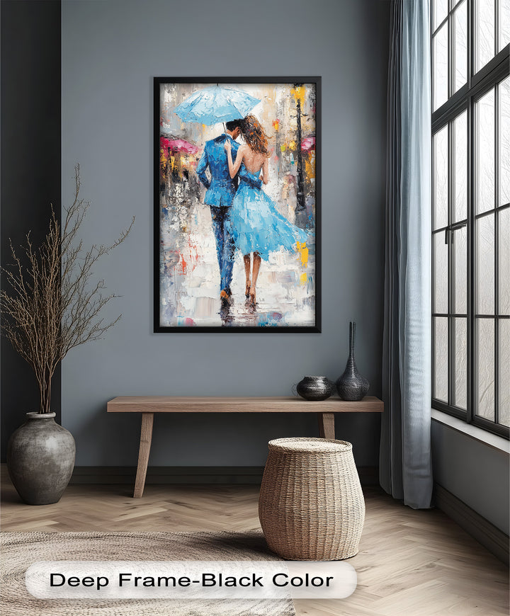 Romantic Couple Strolling in Rain - Love Oil Painting