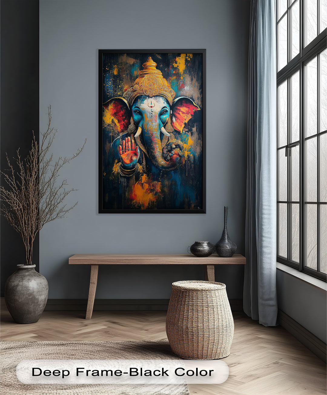 A striking modern artwork of Ganesha in a blessing pose, featuring bold brushstrokes in blue, orange, and gold tones.