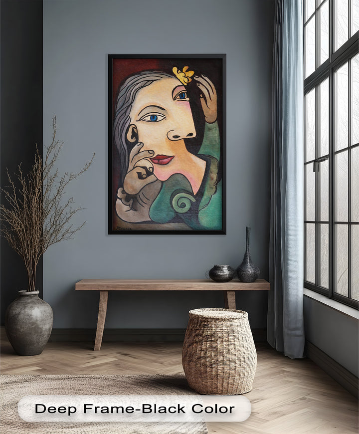 Whimsical Bloom – Surreale Frau mit gelber Blume Picasso Ölgemälde