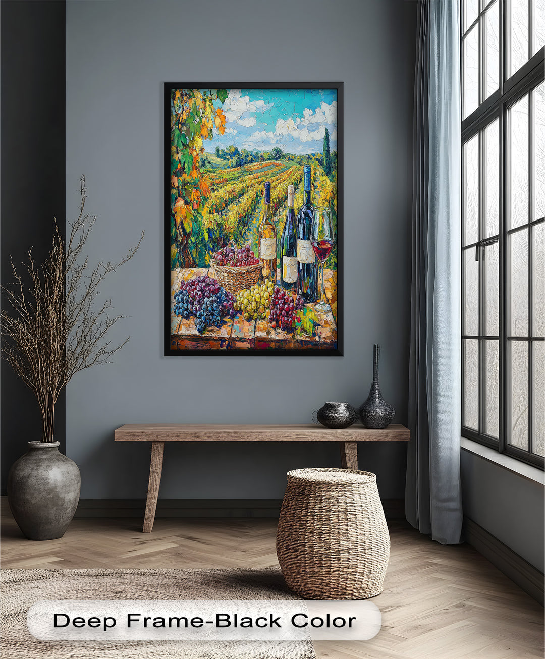 Wine Bottles and Grapes in Sunlit Fields - Still Life Oil Painting