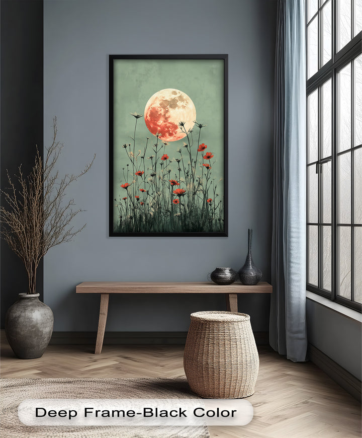 Celestial Wildflowers – Full Moon Over Red Meadow Blooms Oil Painting