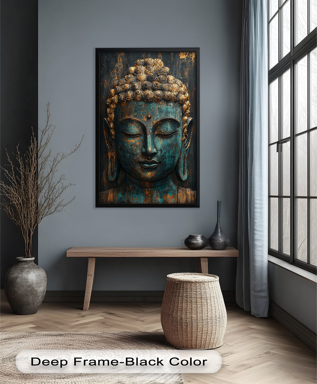 A striking frontal portrait of a weathered Buddha sculpture with closed eyes, rich turquoise patina, and golden accents.