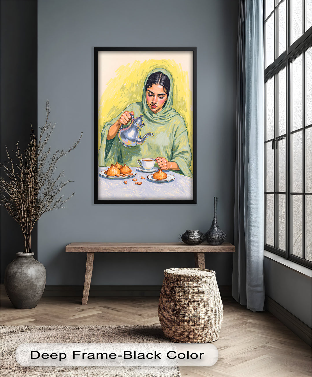 Woman Pouring Tea with Traditional Sweets - Food Painting