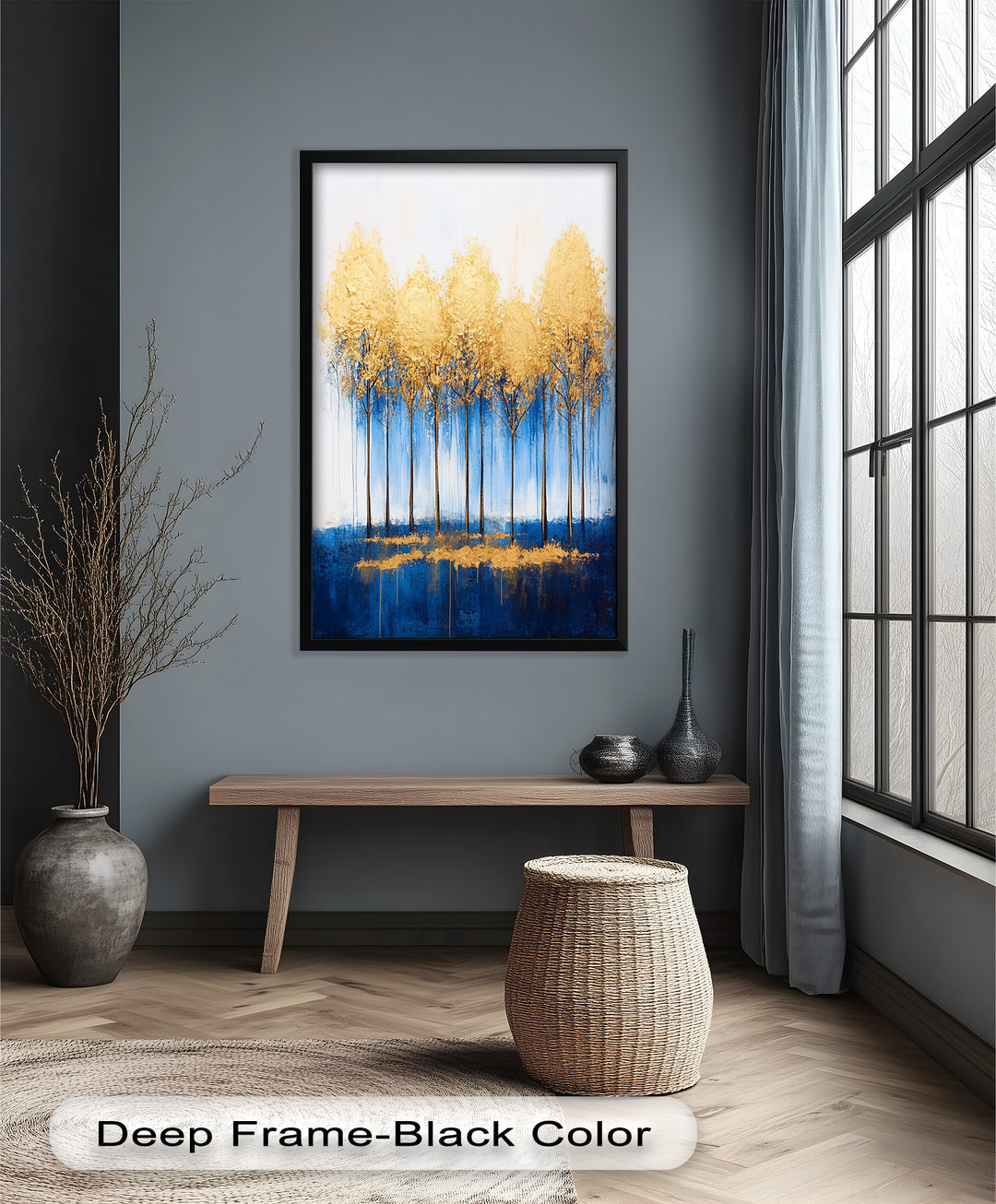 Goldene Bäume am blauen Horizont - Abstraktes Ölgemälde