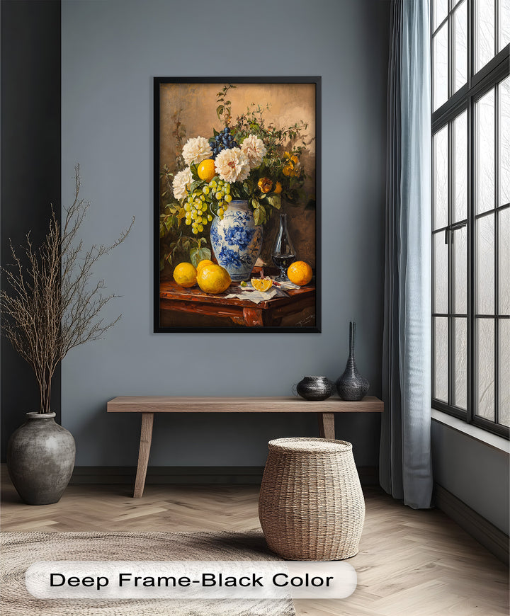 An elegant still life composition with blooming flowers, citrus fruits, and a glass of wine, evoking a timeless, classical aesthetic.