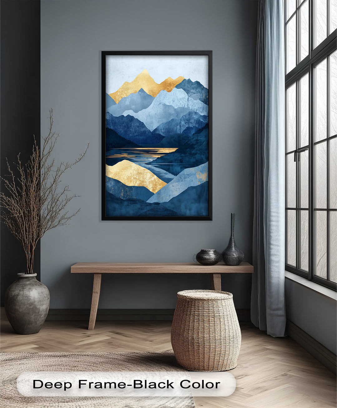 Golden Horizon – Abstract Blue Mountain Landscape Oil Painting