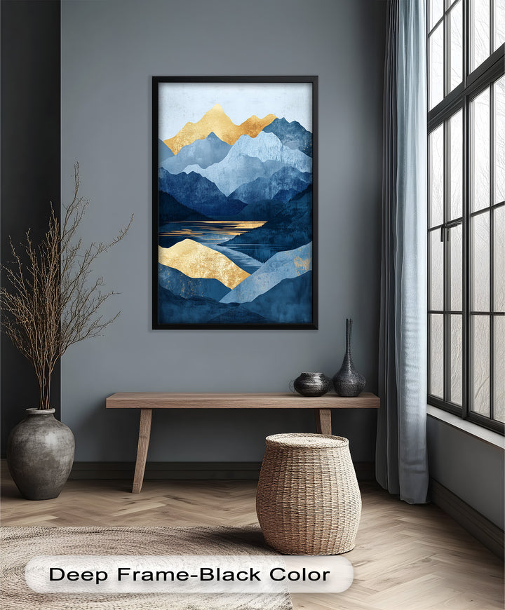 Golden Horizon – Abstract Blue Mountain Landscape Oil Painting