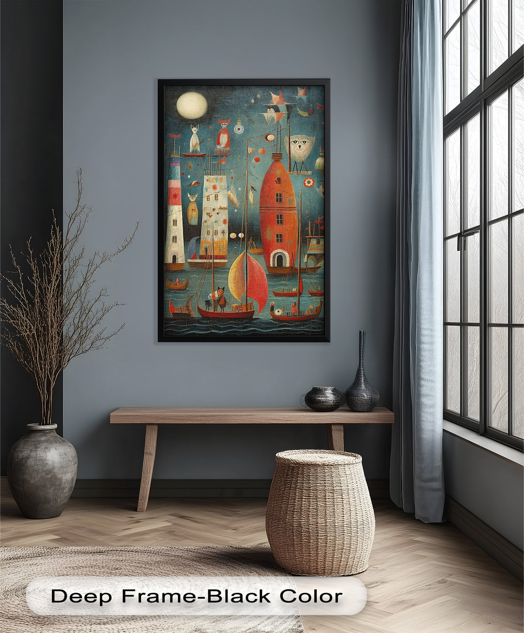 Moonlit Harbor Parade – Surreal Cat and Owl Fantasy Oil Painting