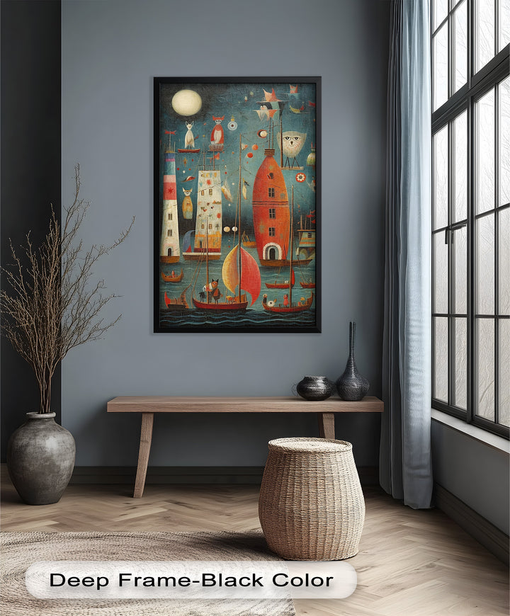 Moonlit Harbor Parade – Surreal Cat and Owl Fantasy Oil Painting