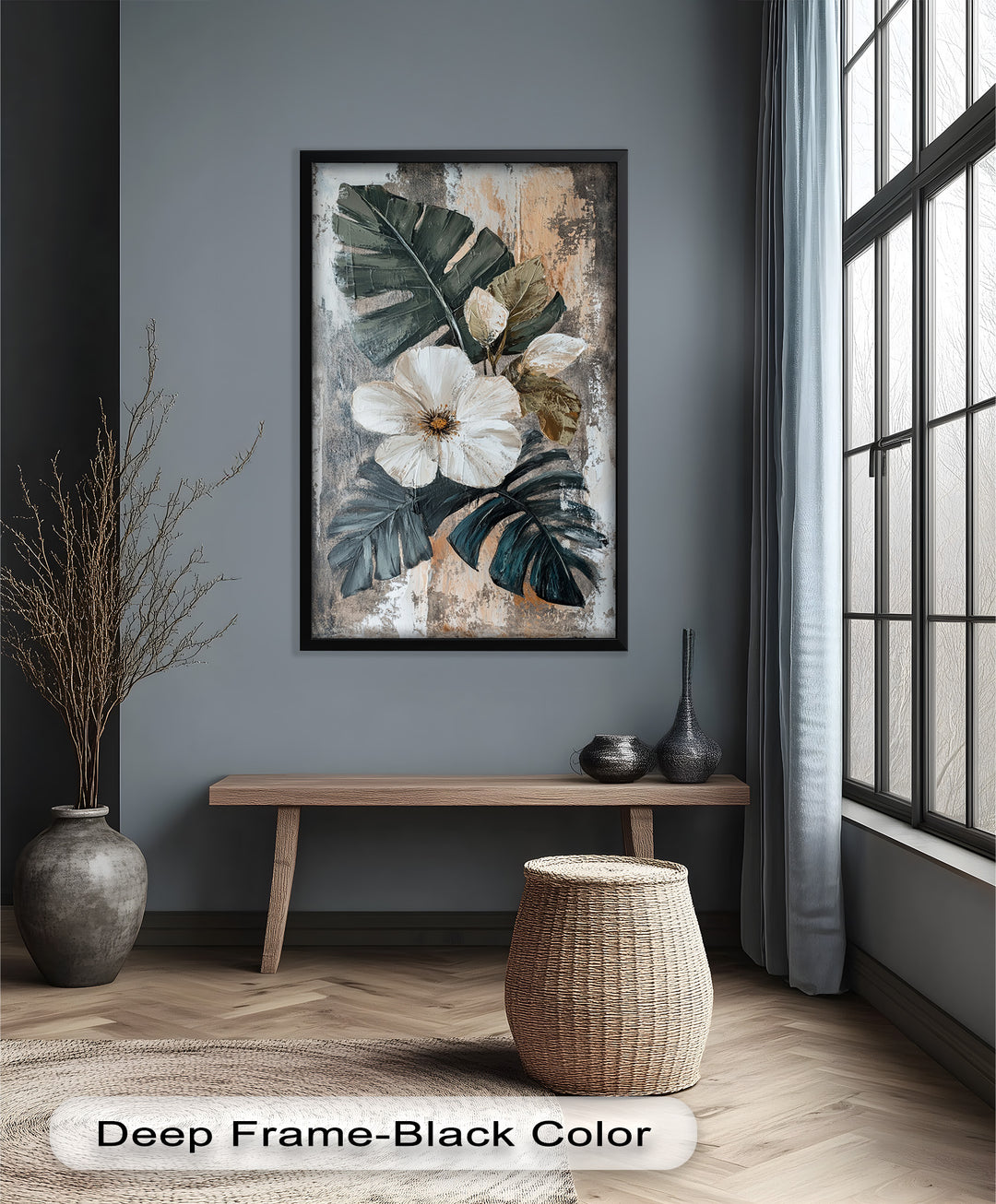 White Bloom and Tropical Leaves - Flower Oil Painting