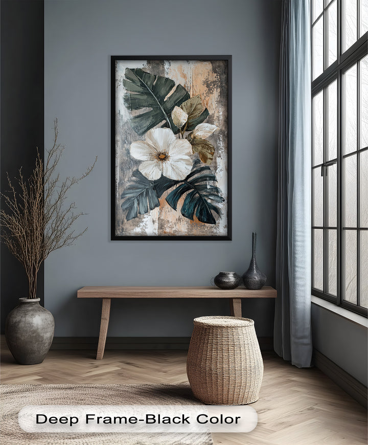 White Bloom and Tropical Leaves - Flower Oil Painting