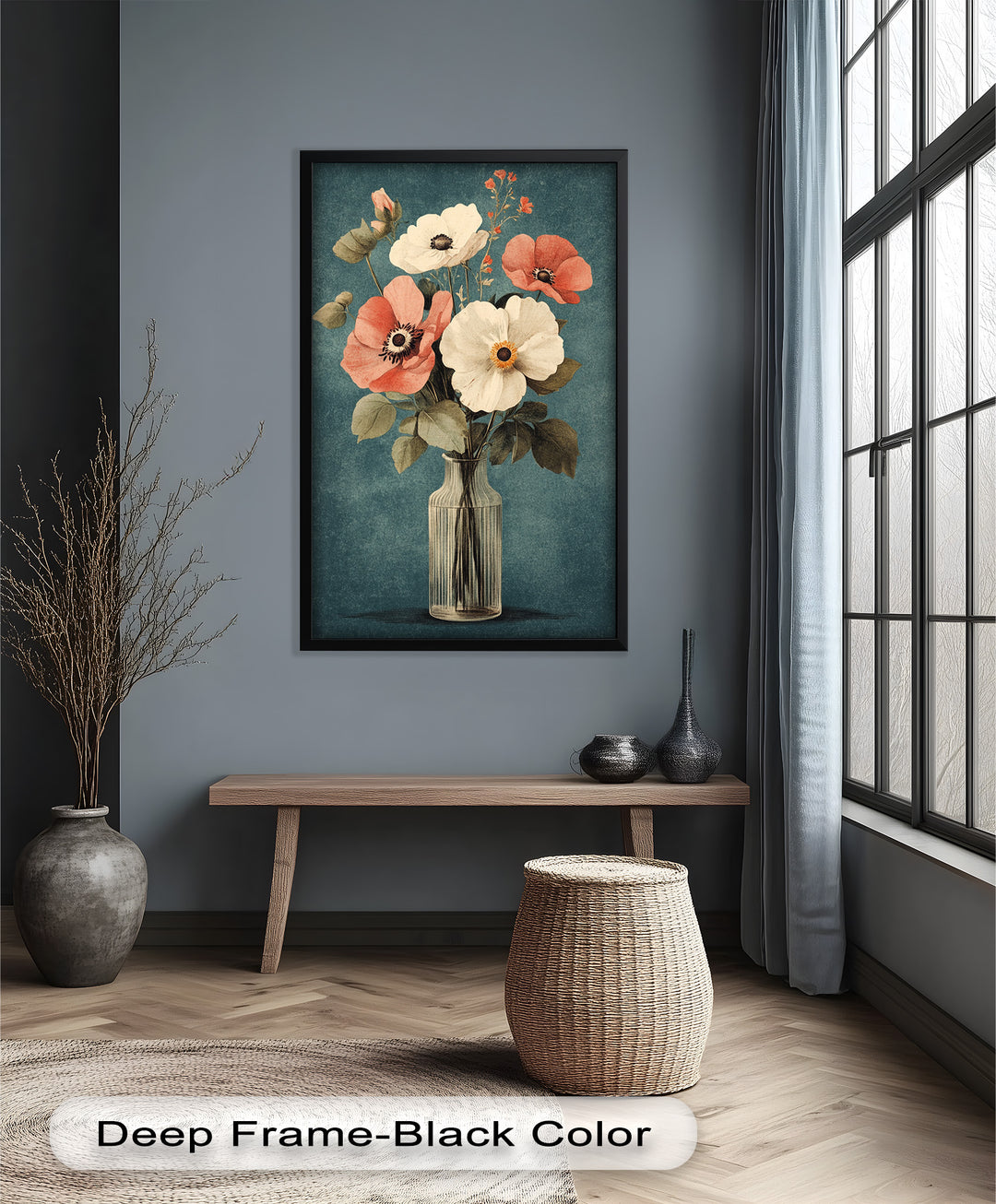 Vintage Mohnblumen in Glasvase – Romantisches Blumenölgemälde