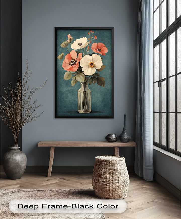 Vintage Mohnblumen in Glasvase – Romantisches Blumenölgemälde