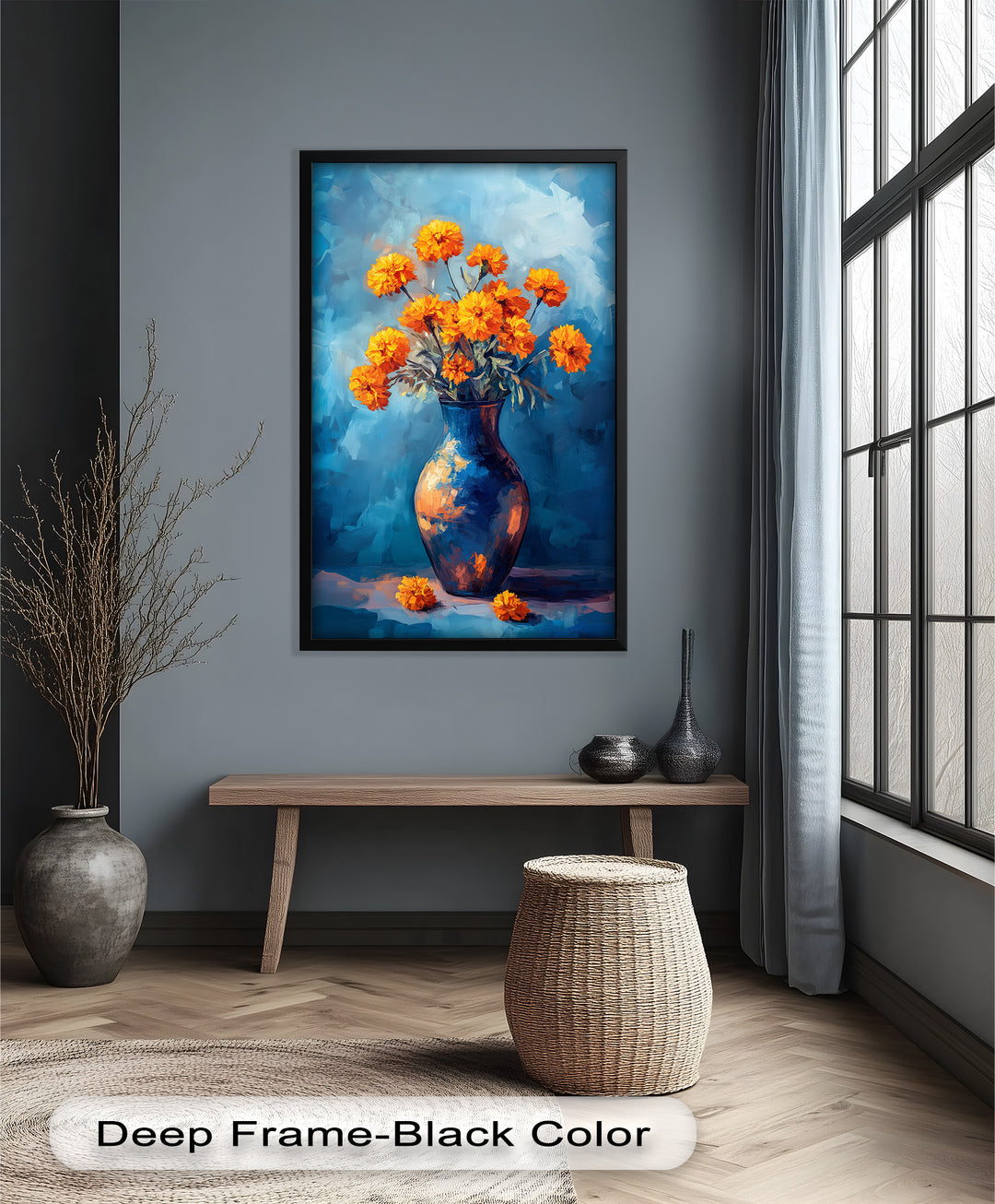 Golden Marigolds in Midnight Blue – Flower Oil Painting