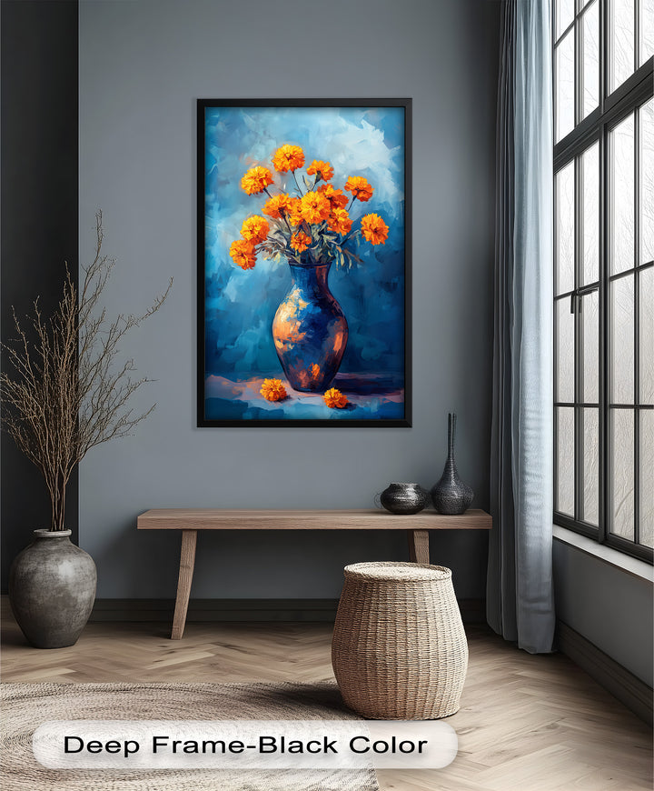 Golden Marigolds in Midnight Blue – Flower Oil Painting