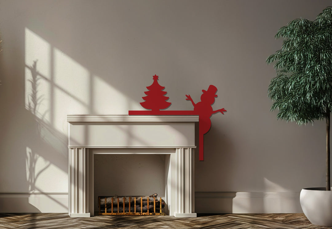 بهجة عيد الميلاد - ديكور معدني للمدفأة على شكل رجل ثلج وشجرة