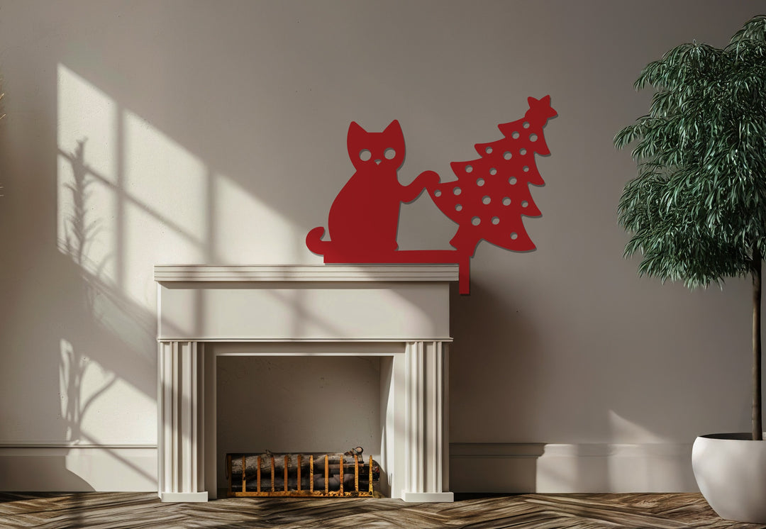 Laser-cut cat and tree metal wall art for holiday interiors