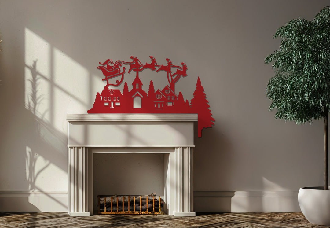قرية ليلة عيد الميلاد – ديكور مدفأة معدني على شكل زلاجة سانتا
