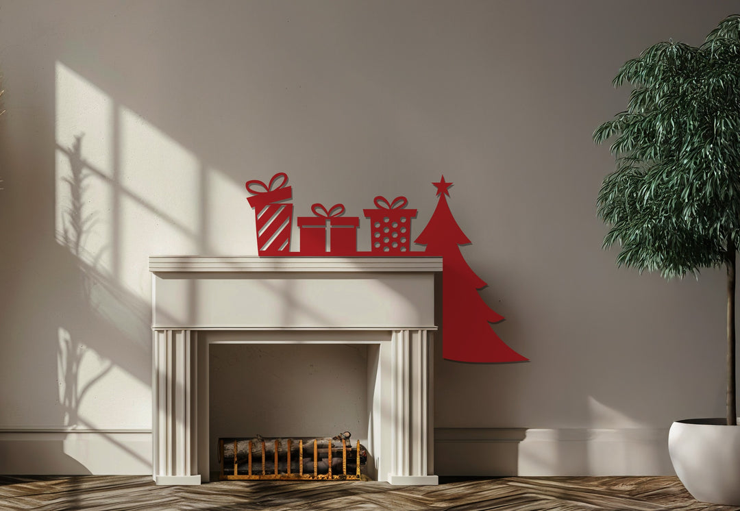 Regalos festivos y árbol de Navidad: Decoración de chimenea de metal