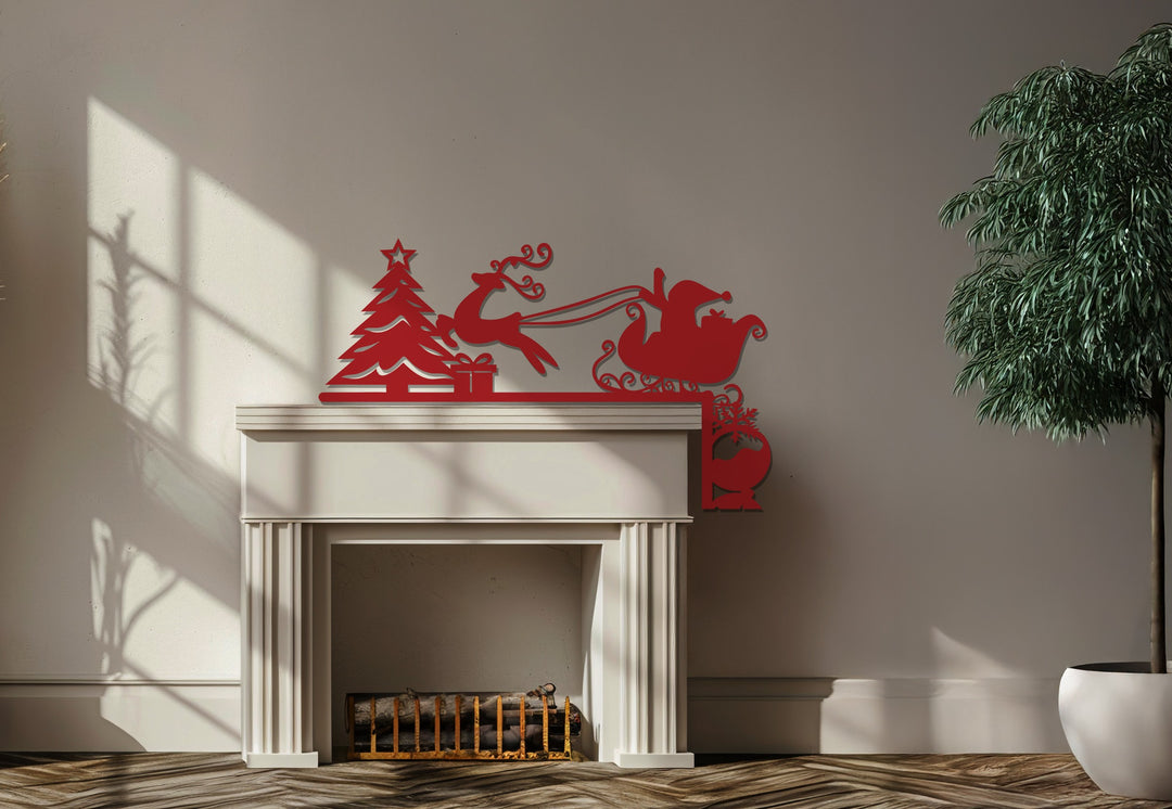 زلاجة سانتا وشجرة عيد الميلاد – ديكور معدني للمدفأة