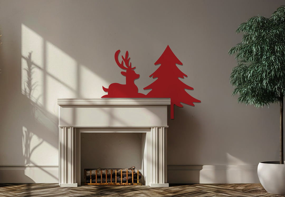 رنة صامتة وشجرة صنوبر - ديكور معدني للمدفأة لعيد الميلاد