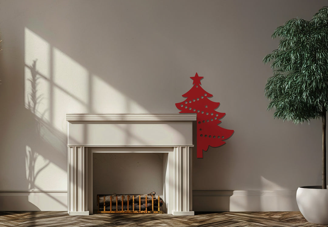 Laser-cut metal Christmas tree décor for fireplace wall