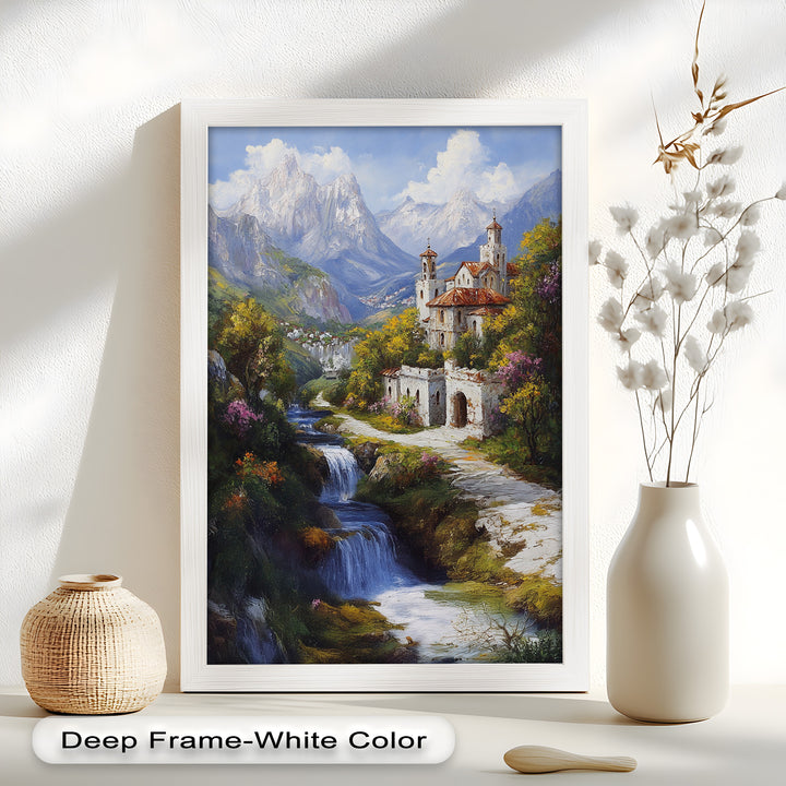 Mountain Abbey by the Falls – Serene Renaissance Oil Painting