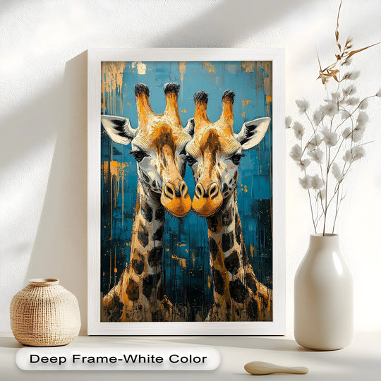 Behind the two giraffes, the abstract blue and golden tones of the oil painting decoration create a unique and elegant backdrop.