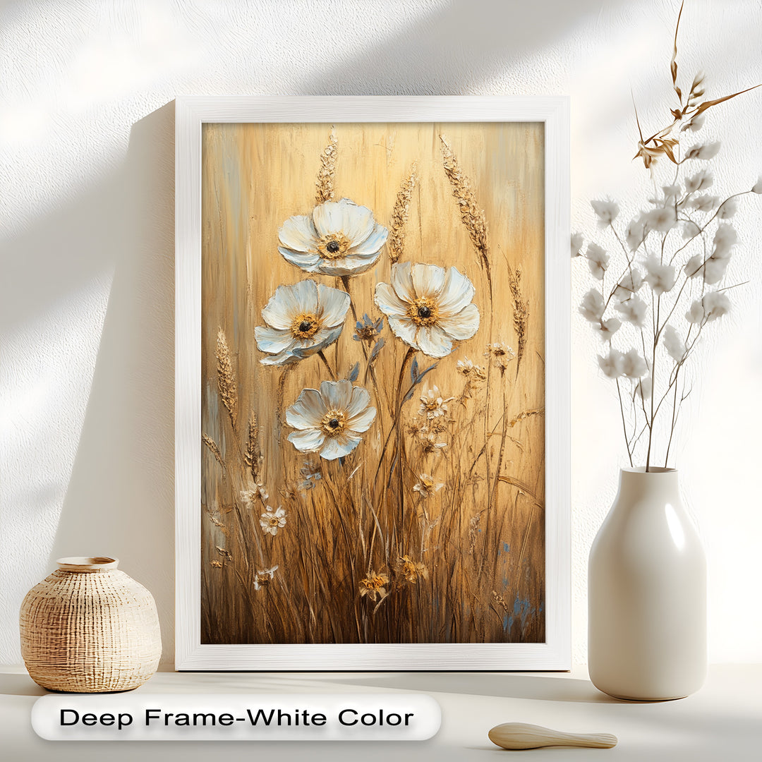 White Wildflowers in Wheat Field - Oil Painting