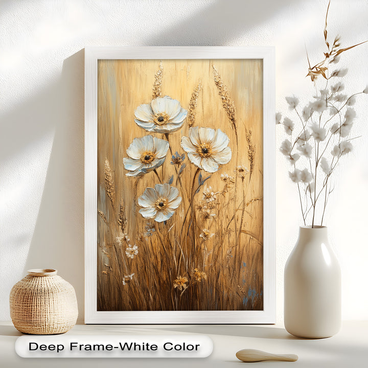 White Wildflowers in Wheat Field - Oil Painting