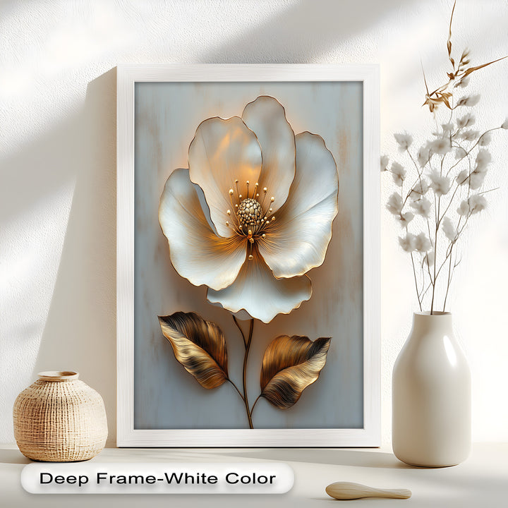 Golden Glow Bloom – White and Gold Flower Oil Painting