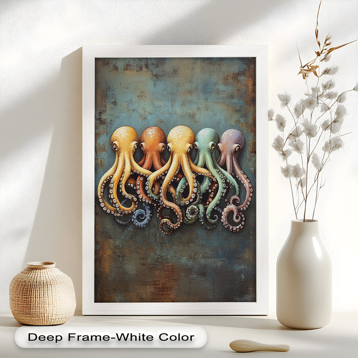 Whimsical Row of Octopuses – Colorful Sea Life Animal Oil Painting