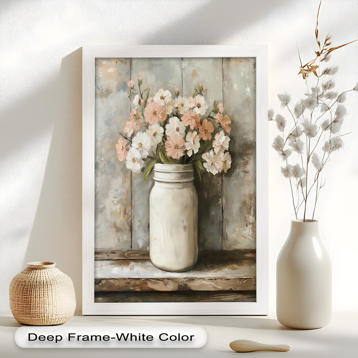 Blush & Cream Blooms – Rustic Mason Jar Flower Oil Painting
